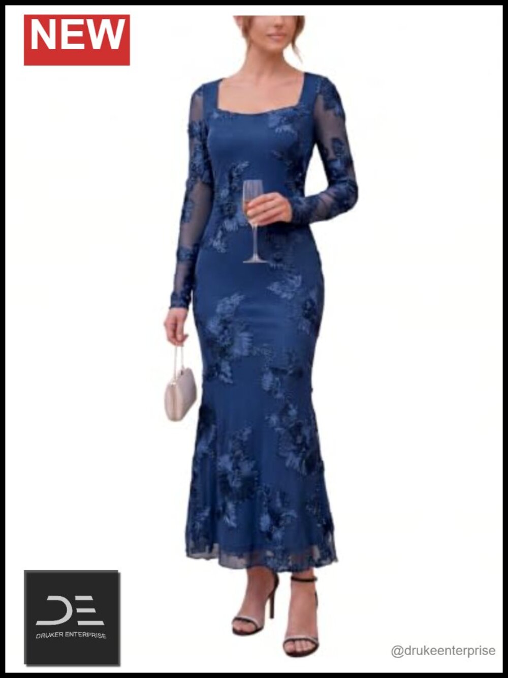 3D Floral Embroidered Mesh Bodycon Maxi Dress Square Neck Long Sleeve